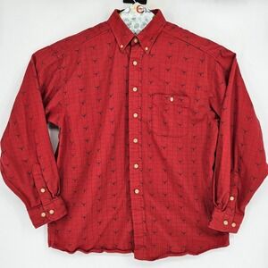 Vintage Barn Fly Shirt Mens Large Western All Over Print Rodeo Longhorns Red